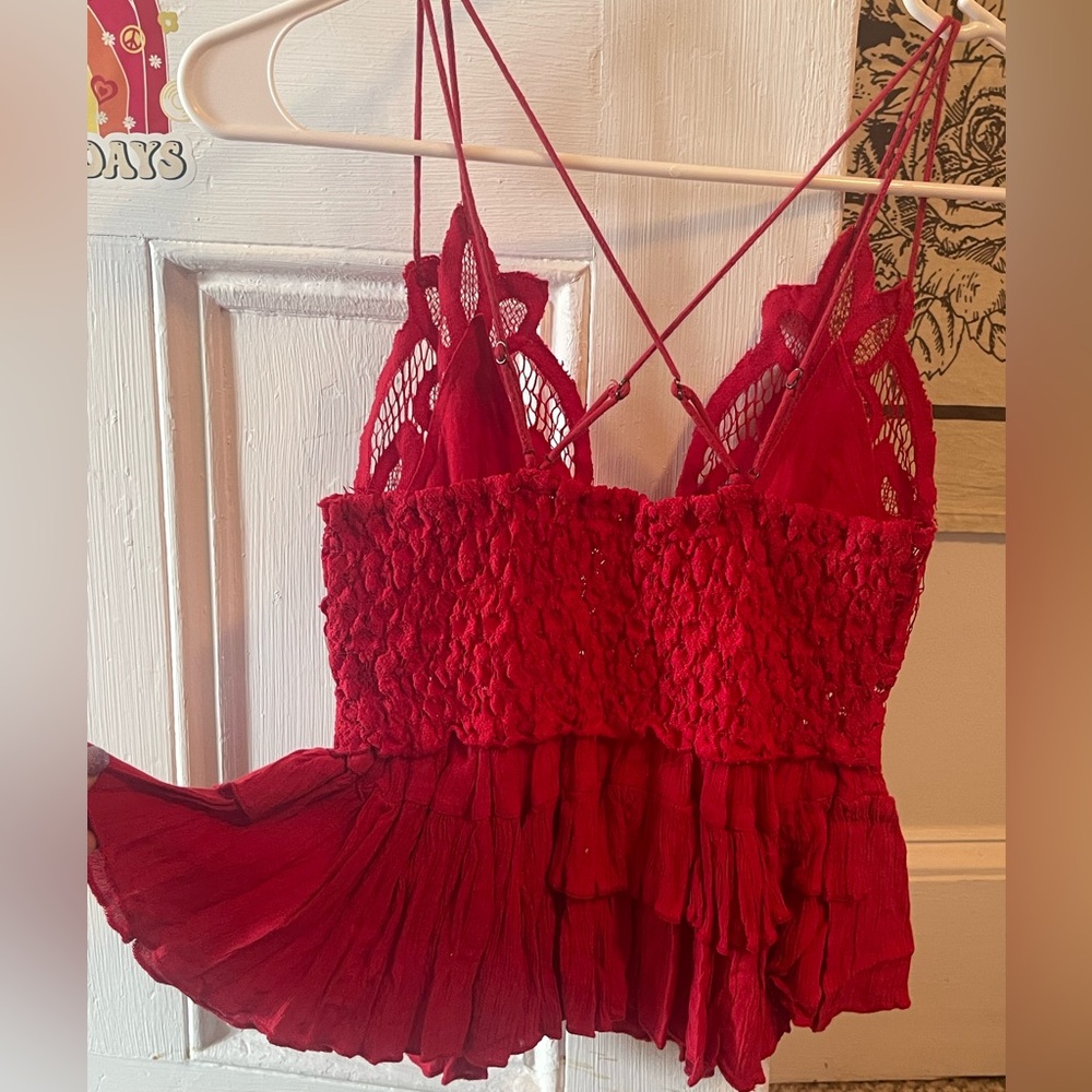 ❤️ BOGO ❤️ Free People Adella Strappy Lace Bodice Peplum Camisole in Cherry Red - Picture 3 of 10